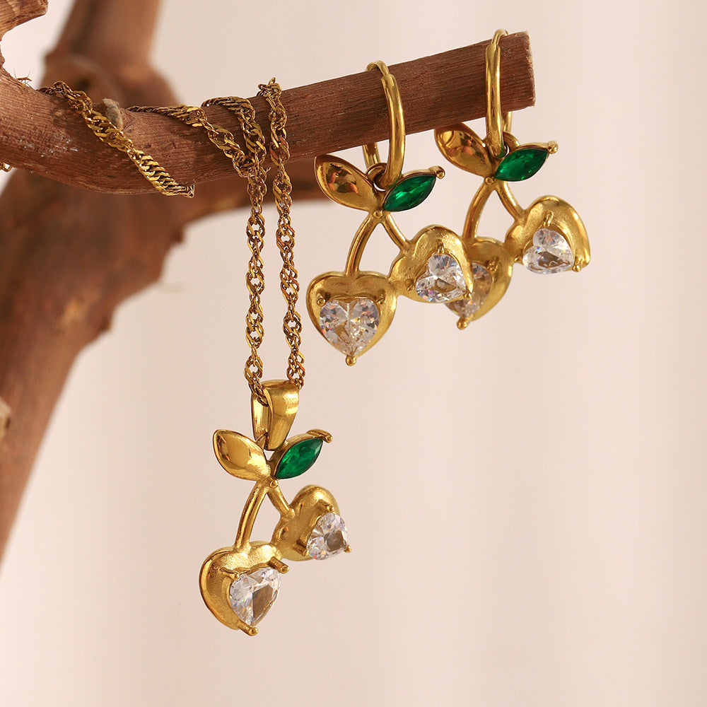 Collana Minimalista da Donna a Forma di Ciliegia in Acciaio Inossidabile con Placcatura in Oro 18 carati e Strass Trasparenti