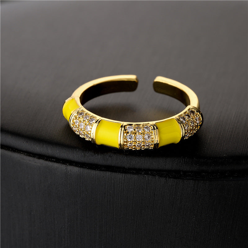 Minimalist Geometric Drip Oil Brass Ring with 18K Gold Plating and Micro-set Cubic Zirconia for Women