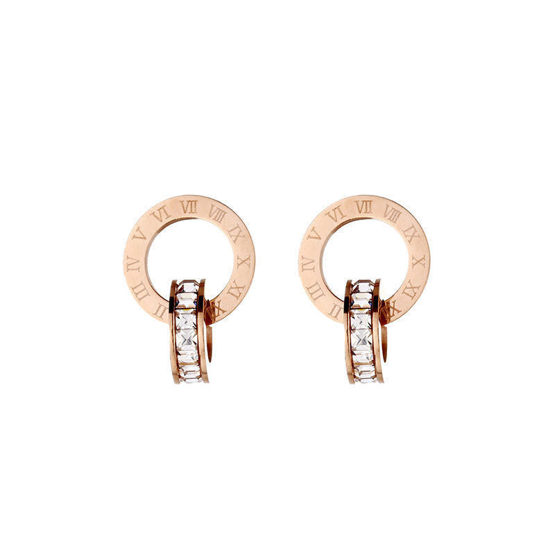 Geometric Double-Hoop Rose Gold Plated Titanium Steel Stud Earrings for Women with Rhinestone Accents