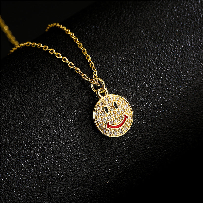 18K Gold Plated Brass Geometric Smile Face Pendant Necklace with Cubic Zirconia for Women