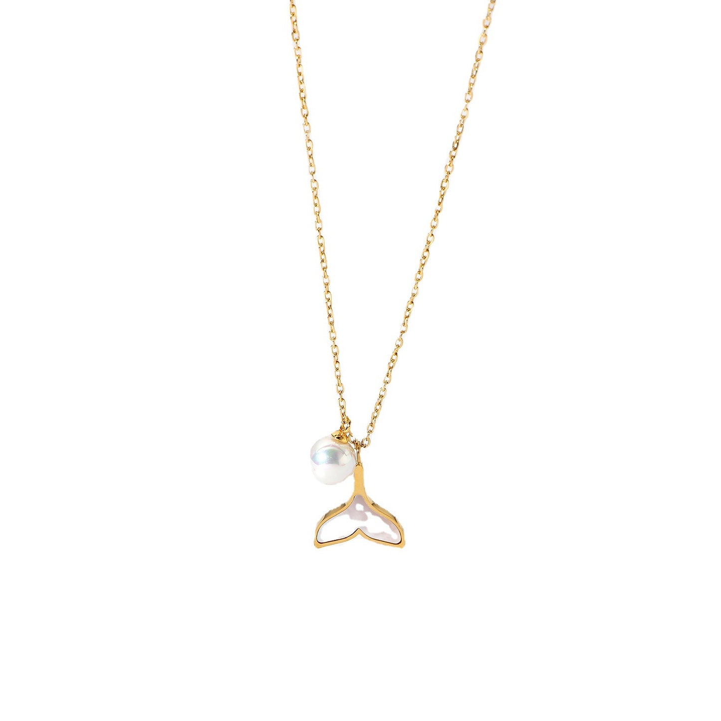 INS-Inspired Geometric Shell Mermaid Pearl Pendant Necklace for Women in Stainless Steel with 14K Gold Plating