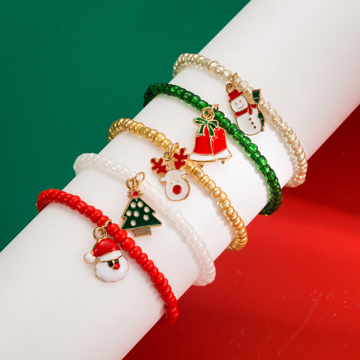 Pulsera de Navidad con Colgantes de Árbol, Papá Noel, Reno y Muñeco de Nieve para Hombre y Mujer, en Aleación con Diseño Trenzado y Cuentas