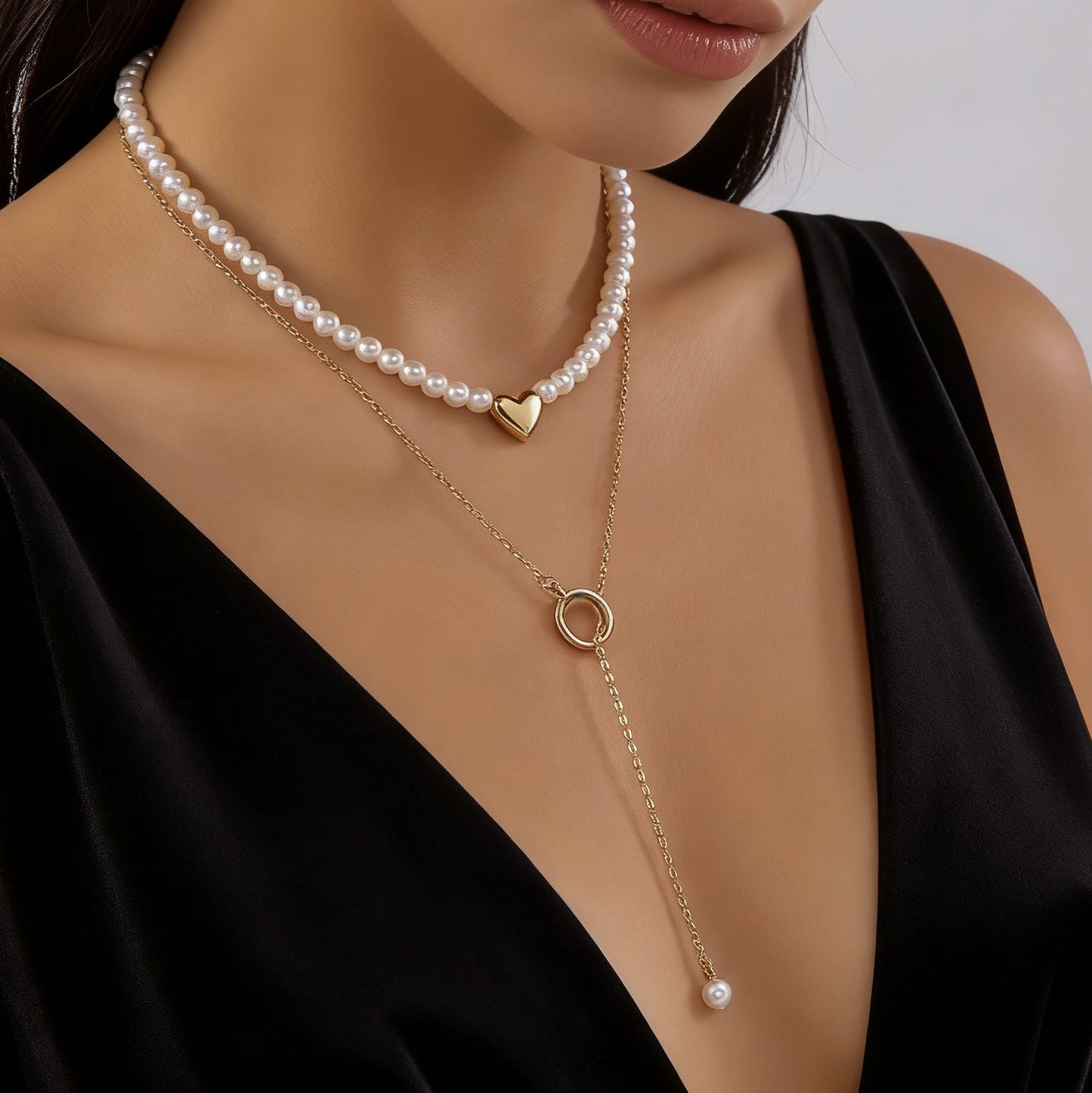 Collana Placcata in Lega con Fiocco a Cuore di Perle Barocche Irregolari Stile Francese Geometrico