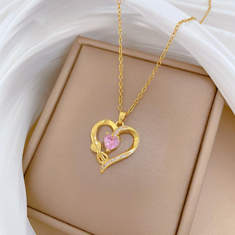 Sweet Minimalist Heart Geometric Rhinestone Pendant Titanium Steel Necklace for Unisex