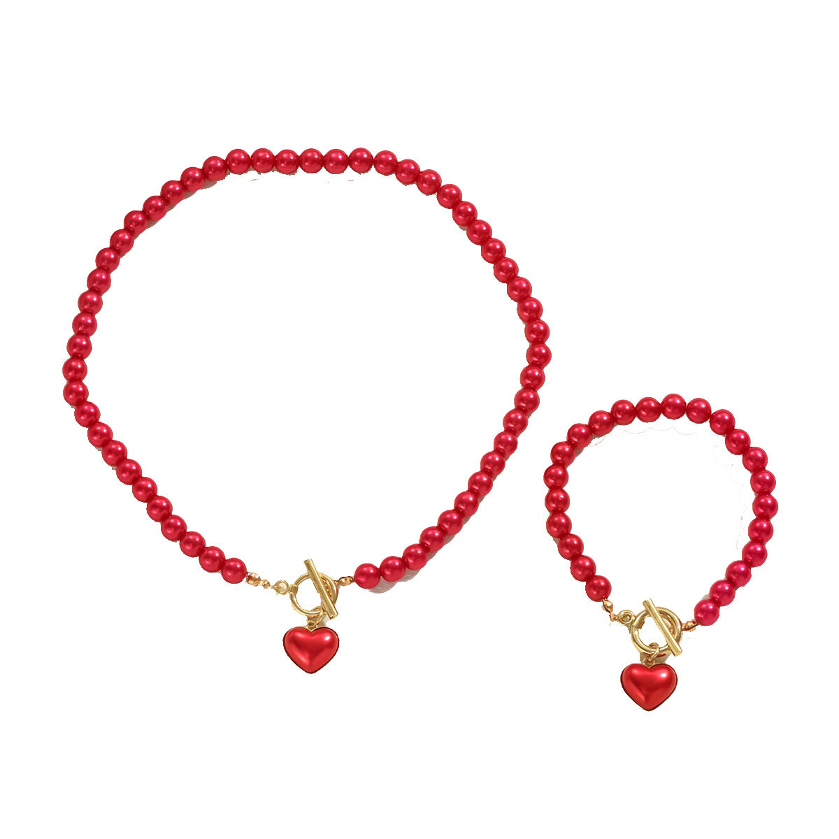 Juego de collar y pulsera minimalistas de aleación en forma de corazón con incrustaciones de perlas para mujer