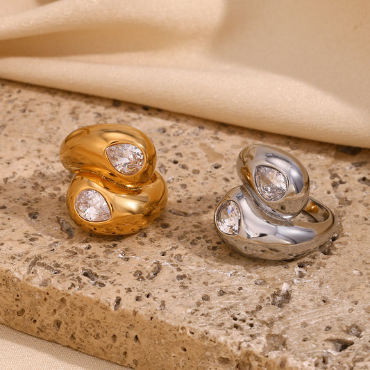 Minimalist Geometric Stainless Steel Plated 18K Gold Double-Head Zircon Snake Ring for Women