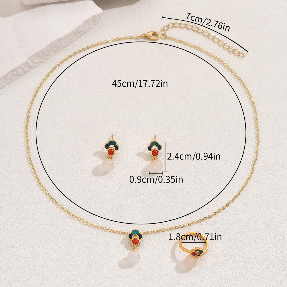 Juego de Collar, Pendientes y Anillo de Cobre con Diseño Geométrico de Nubes Estilo Retro Chino, Incrustado con Gemas Artificiales Bañadas en Oro