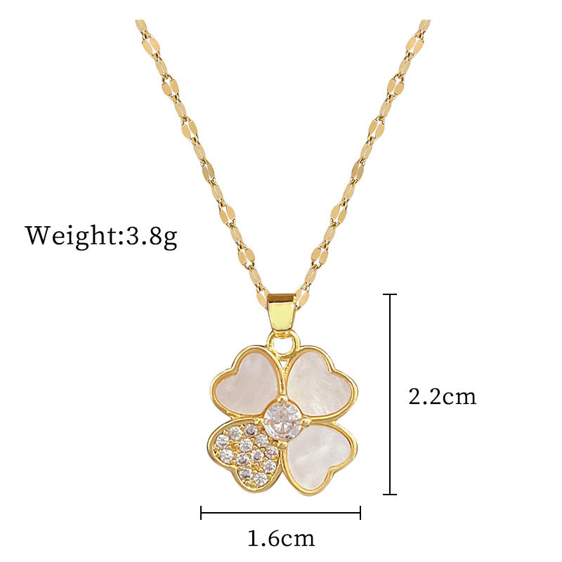 Cartoon Style Clover Shell Geometric Pendant Necklace for Women in Titanium Steel with Rhinestone Inlay Locket Chain