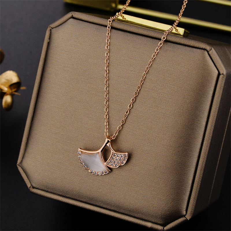 Minimalist Ginkgo Leaf Pendant Necklace in Titanium Steel with White Mother-of-Pearl Inlay on Ball Chain