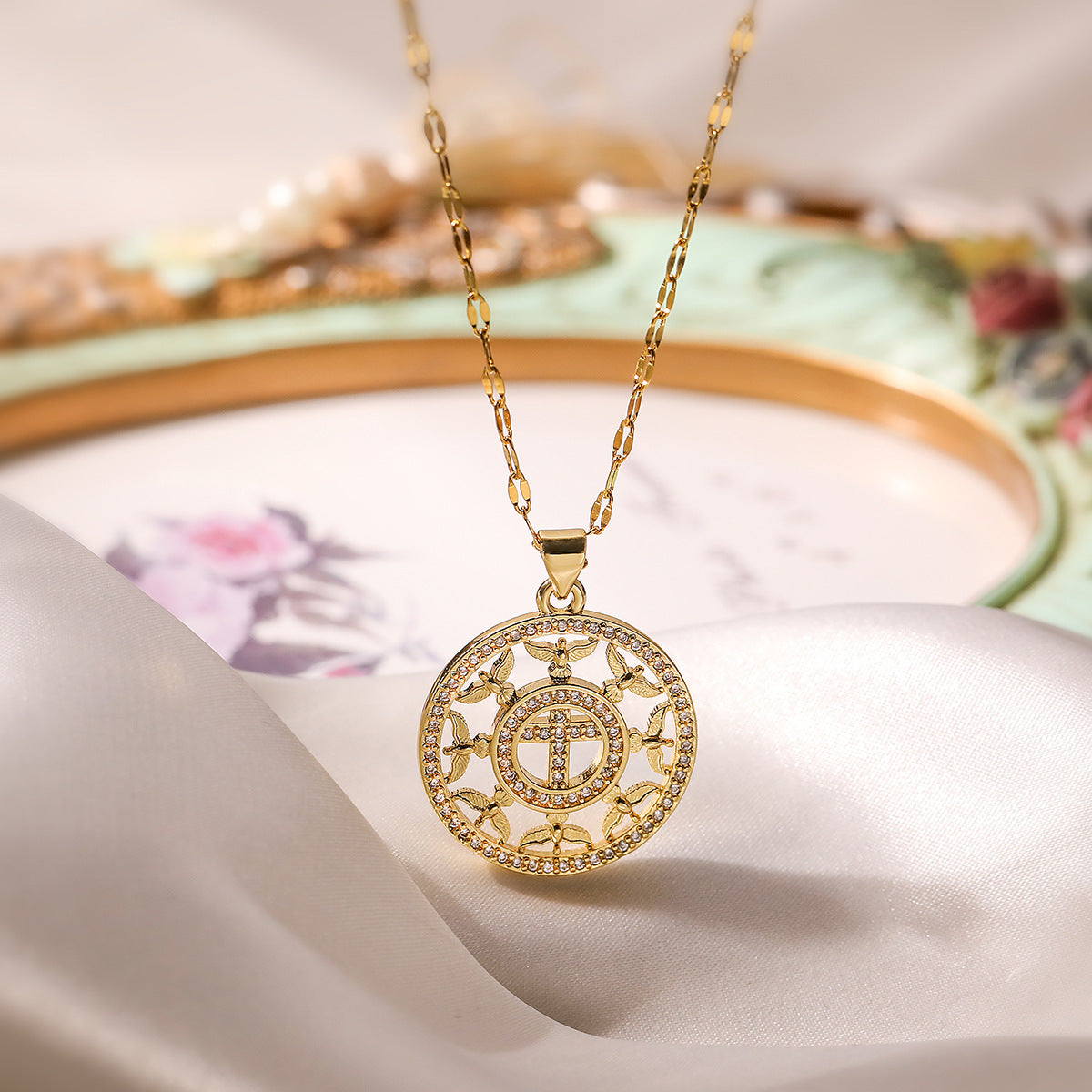 Minimalist Geometric Angel Cross Pendant Necklace for Women in Copper with 18K Gold Plating and Zircon Inlay