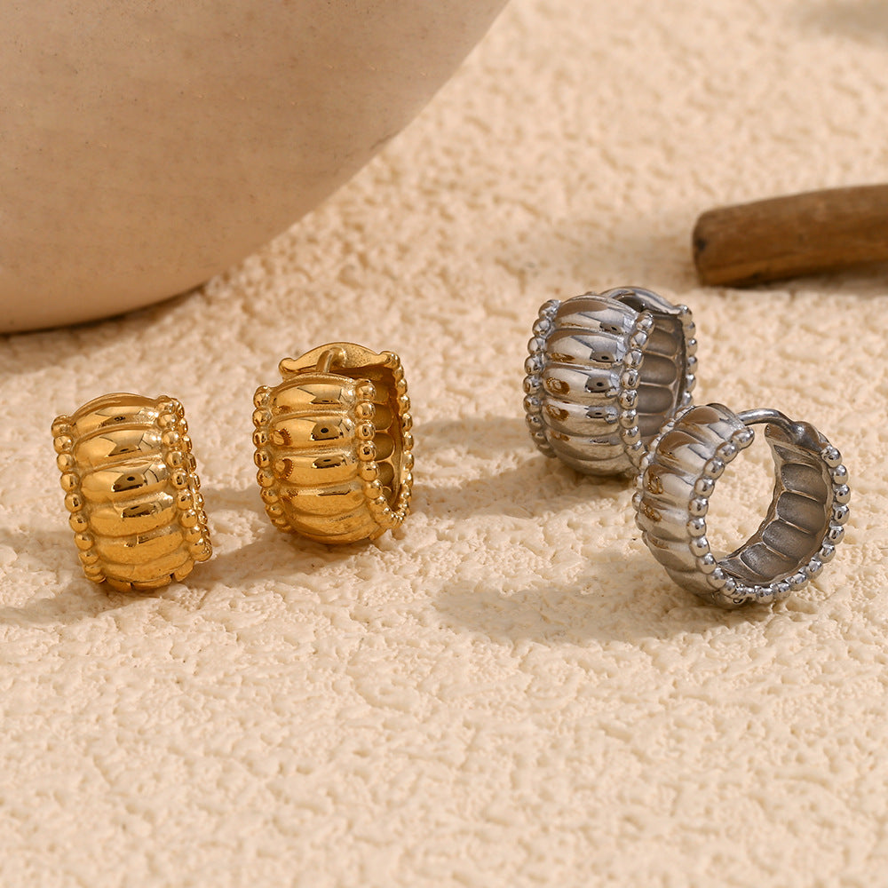 Vintage-Inspired Twisted Geometric Stainless Steel Earrings with 18K Gold Plated Beaded Edge and Threaded Back for Women