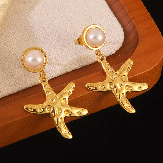 Vintage Elegant Star Stainless Steel Earrings with Pearl