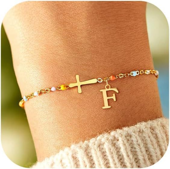 Colorful Drip Oil Plated Stainless Steel Letter Cross Bracelet for Women