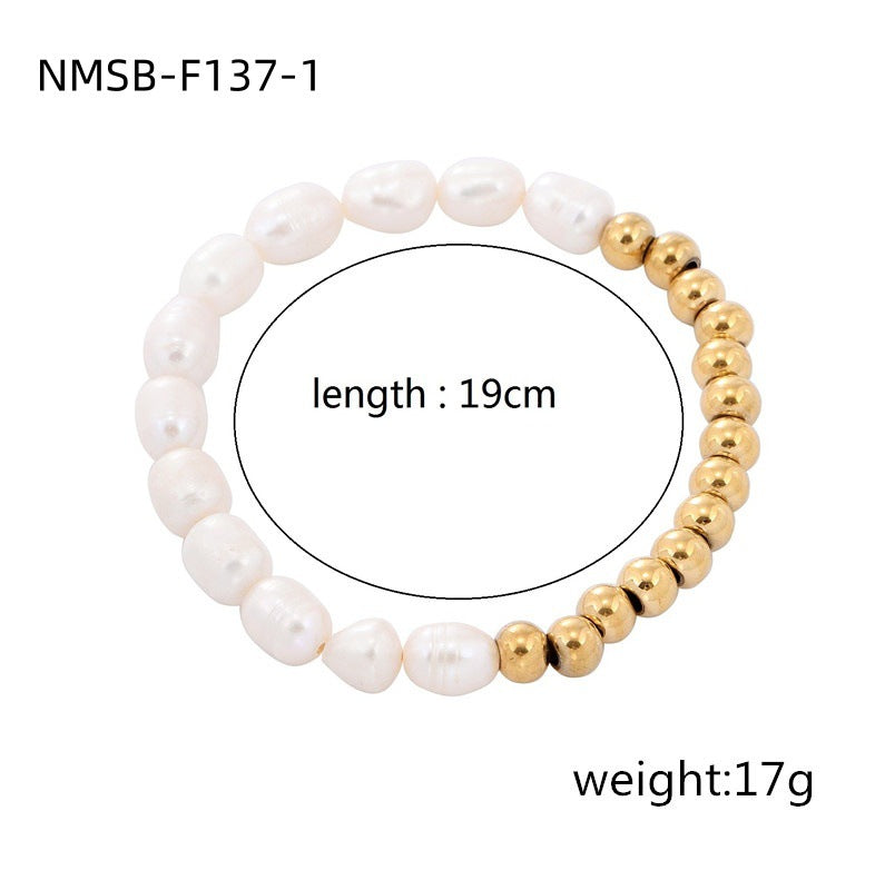 Fashionable Geometric Stainless Steel Bracelet with 18K Gold Plating and Natural Freshwater Pearls for Women