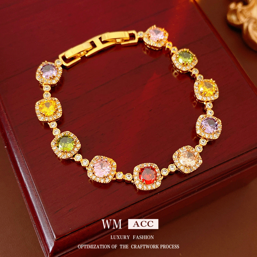Vintage Square Geometric Brass Bracelet with Cubic Zirconia Inlay for Women