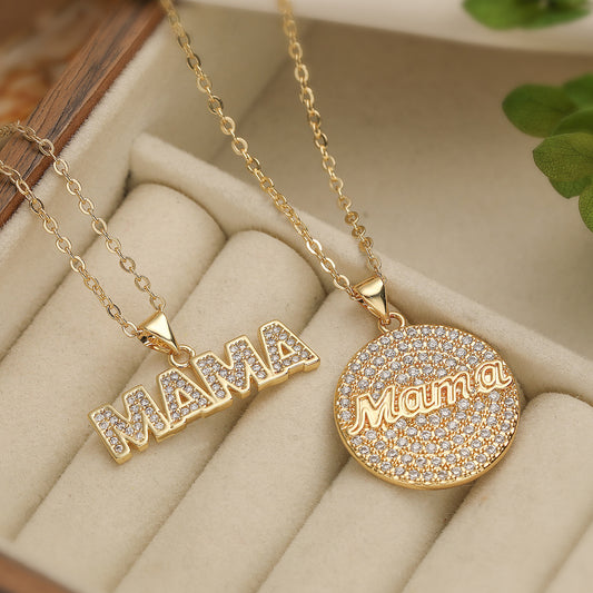Minimalist Geometric MAMA Pendant Necklace for Women, Copper Base with 18K Gold Plating, Lightweight Luxury Design