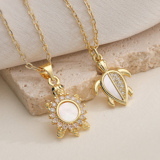 Minimalist 18K Gold Plated Brass Cubic Zirconia Turtle Pendant Necklace for Women