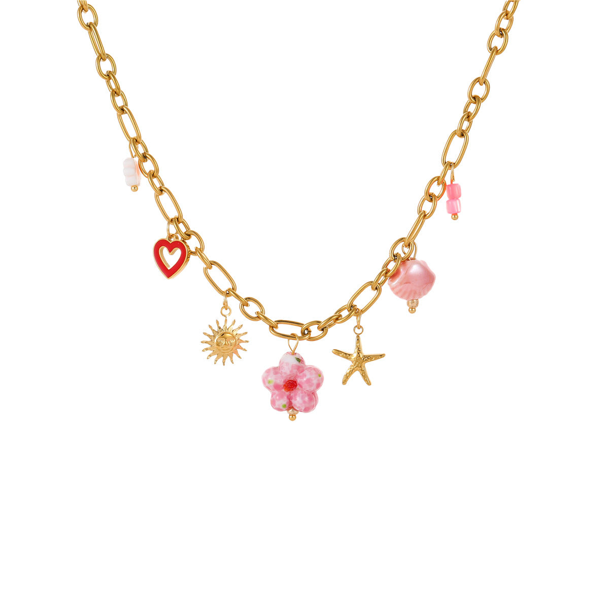Elegante collar de acero de titanio con diseño floral y de conchas marinas inspirado en el océano, chapado en oro de 18K para mujer