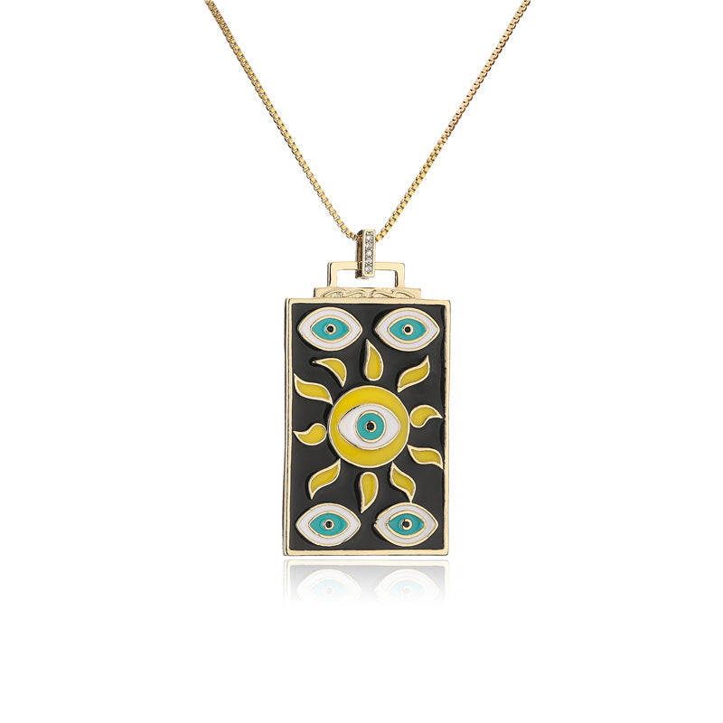 Personalized Geometric Eye Sun Drip Oil Gold Plated Brass Necklace with Cubic Zirconia Box Chain