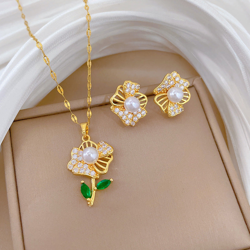 Sweet Minimalist Hollow Leaf Flower Moon Rhinestone Pendant Titanium Steel Necklace Set for Unisex