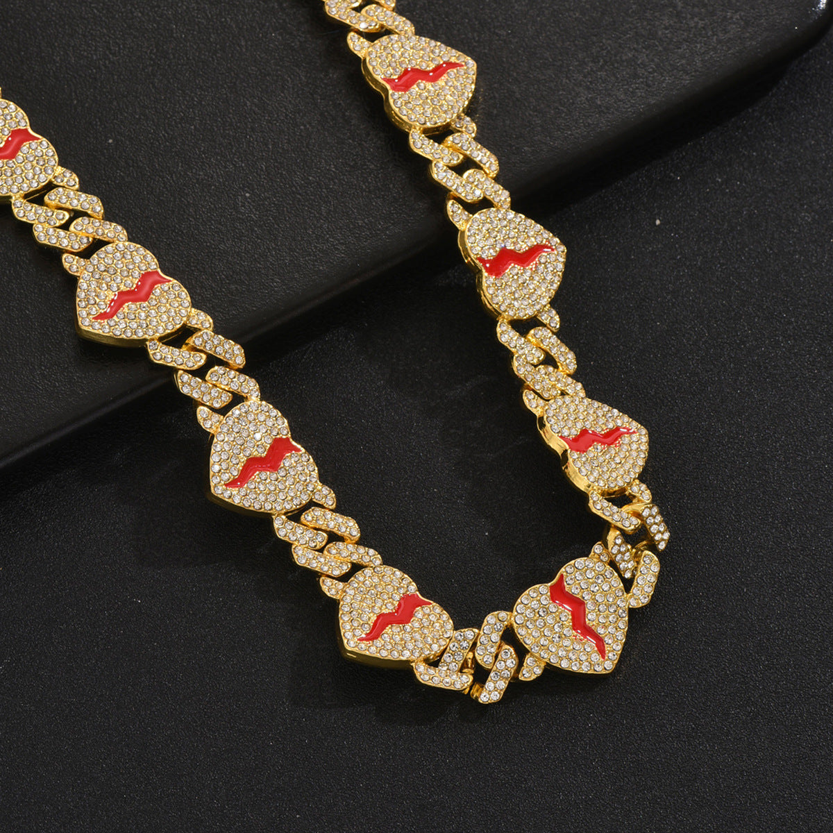 Collana con ciondolo a cuore in lega di zinco in stile Hip Hop con strass intarsiati per uomo