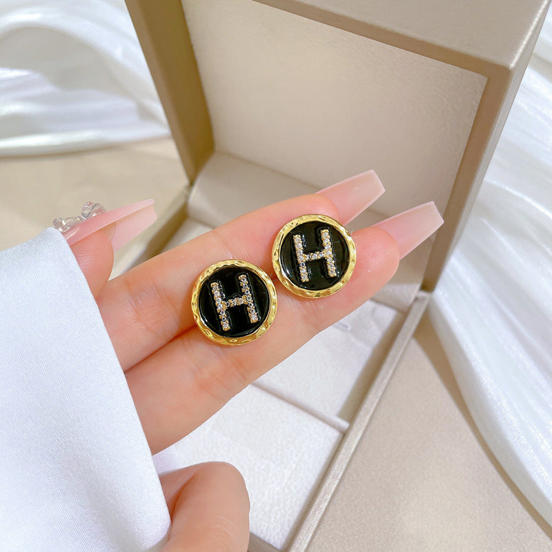 Minimalist Geometric Titanium Steel Plated Necklace and Earrings Set with Enamel Letter Design for Women