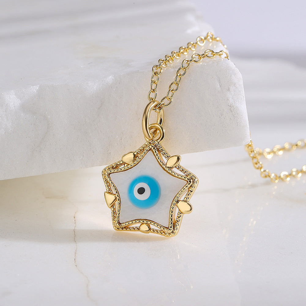 Collana Minimalista Geometrica a Cinque Punte Occhio di Allah da Donna, in Rame Placcato Oro 18K con Finitura a Smalto