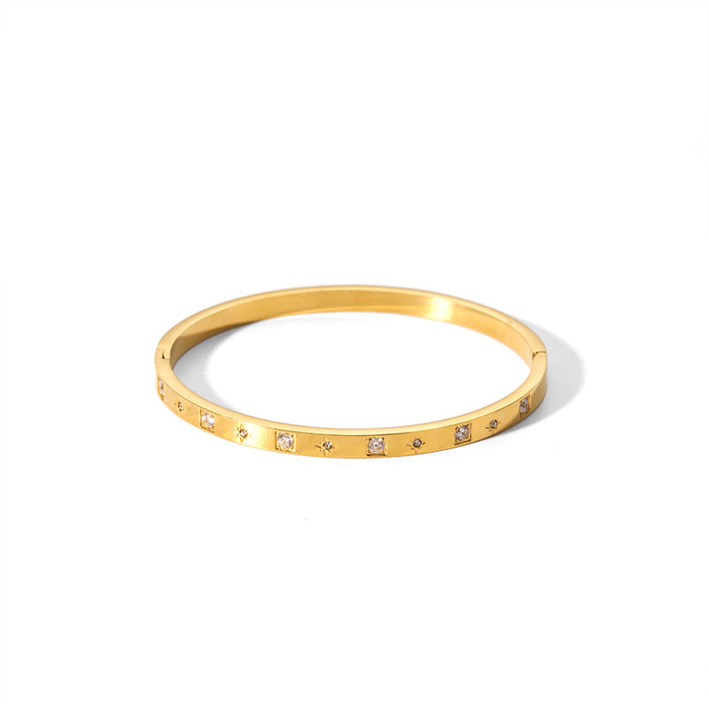 INS Style Women's Titanium Steel Bracelet with 18K Gold Plating and Zircon Inlay, Geometric Ring-Shaped Fashion Jewelry