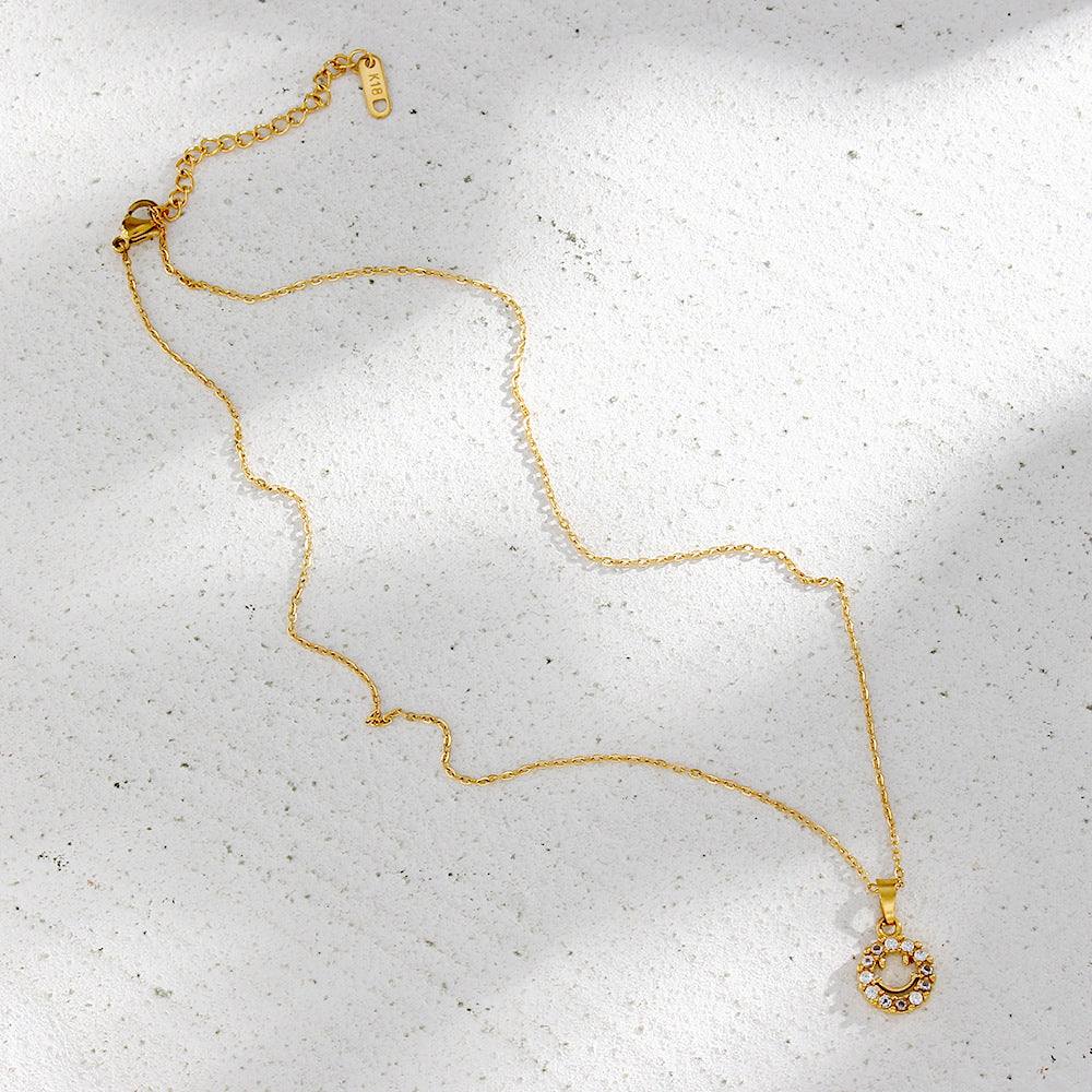 Fashion Minimalist Geometric Hollow Smile Face Pendant Necklace Stainless Steel 18K Gold Plated Cubic Zirconia for Women