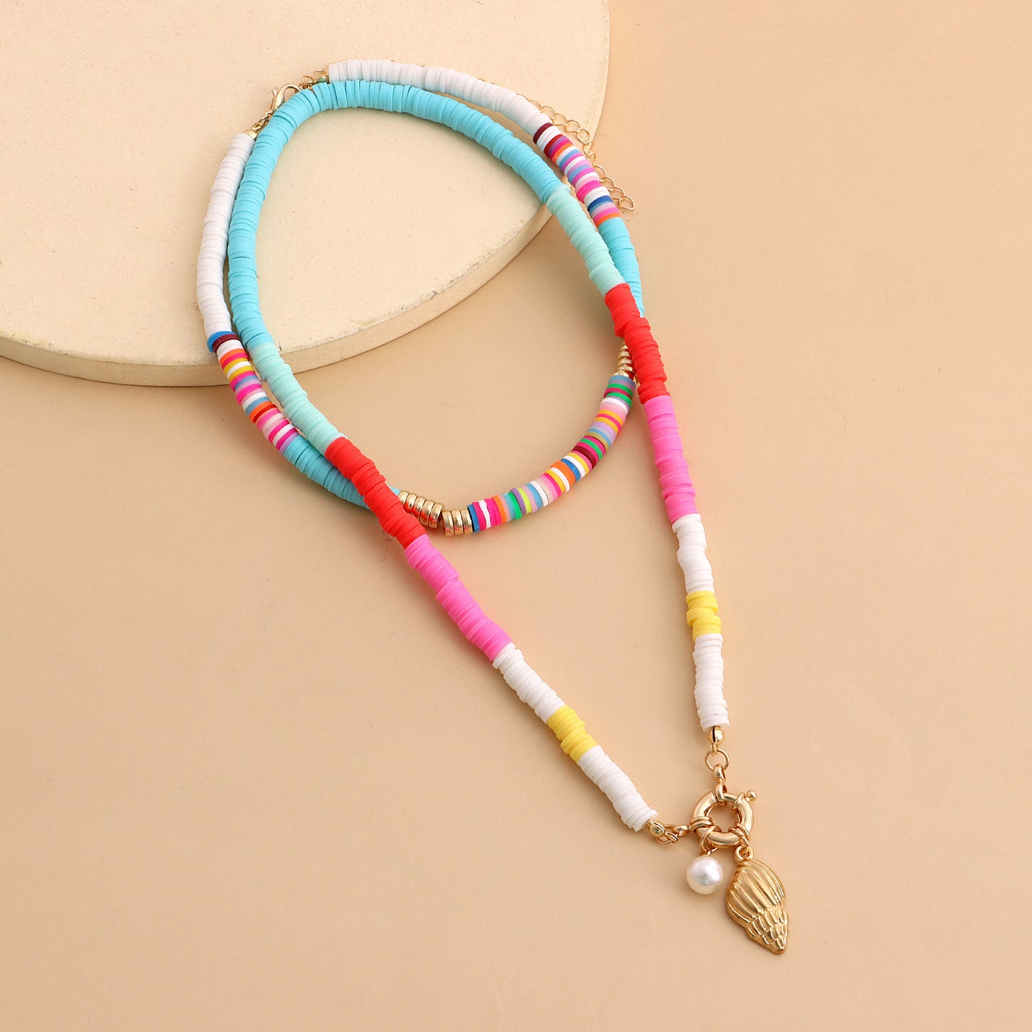Geometric Double-Layer Polymer Clay and Pearl Scallop Pendant Necklace for Women with Plated Alloy Finish