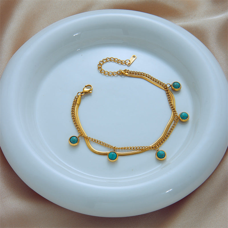 Vintage Minimalist Titanium Steel Double-Layer Turquoise Pendant Bracelet with Plated Finish
