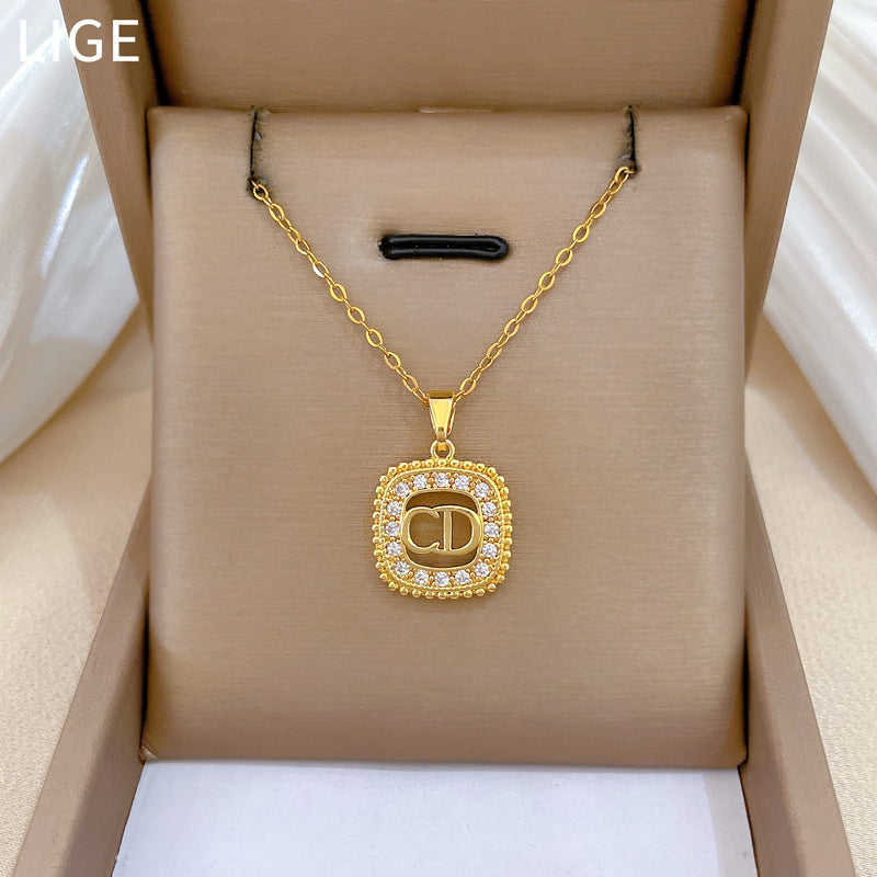 Sweet Square Letter Rhinestone Titanium Steel Necklace Unisex Cable Chain