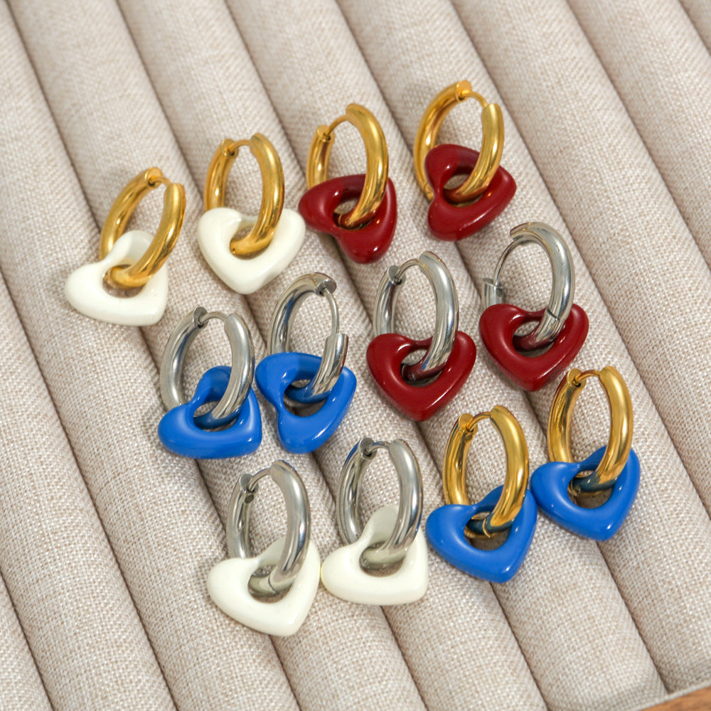Orecchini a Cuore Minimalisti in Acciaio Inossidabile Stile Francese, con Smalto Dipinto a Mano e Placcatura in Oro 18K da Donna