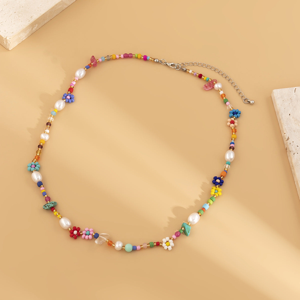 Vintage Sweet Floral Resin Turquoise Pearl Ball Chain Necklace for Women
