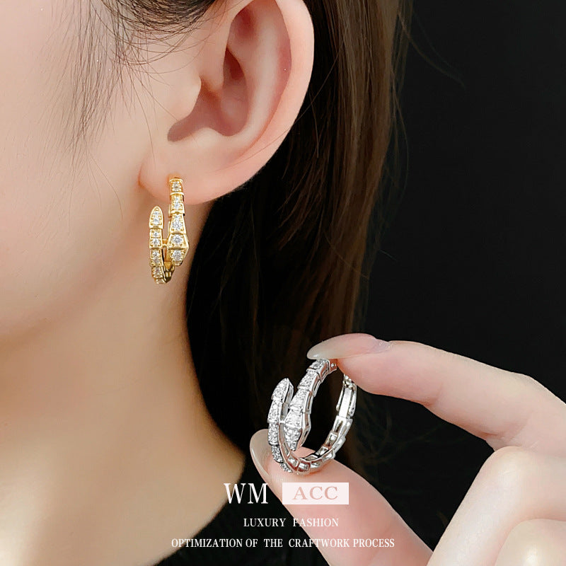 Chic Snake-Shaped Zirconia-Set Gold-Plated Copper Hoop Earrings for Women with Stainless Steel Posts