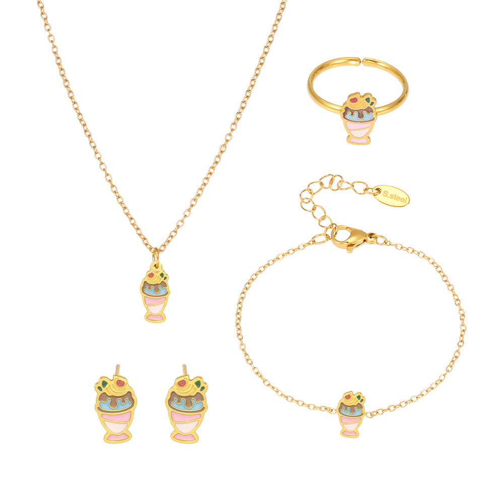Cute Ice Cream Shaped Titanium Steel Necklace Set with Plated Finish for Kids, Includes Necklace and Bracelet