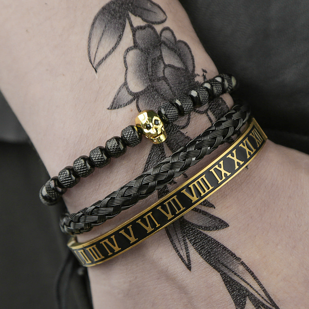 Vintage Streetwear Skull Letter Number Braided Titanium Steel Bracelet with Cubic Zirconia