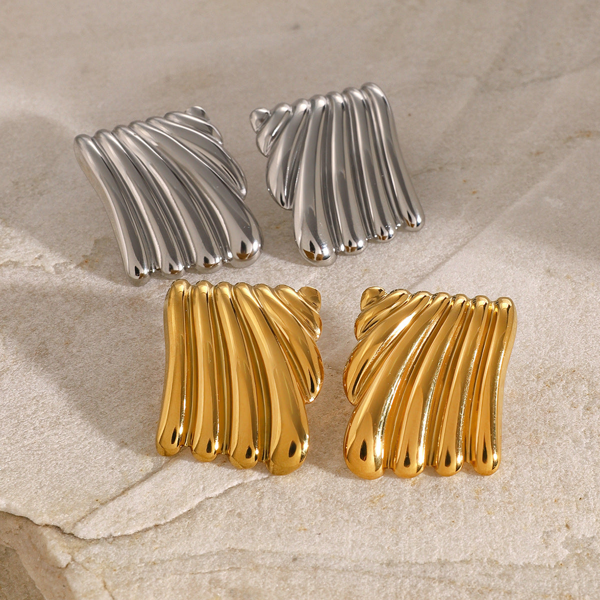 Fashionable Geometric Stainless Steel Stud Earrings with Wavy Texture and Plated Finish for Women