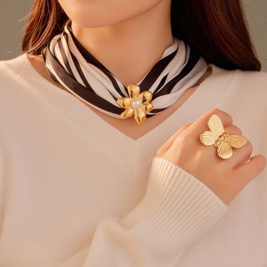 Minimalist Irregular Petal-Shaped Titanium Steel Ring with Pearl Inlay for Women