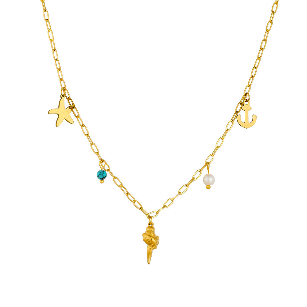 Minimalist Starfish Anchor Seashell Pendant Necklace in Stainless Steel with Plated Finish on Box Chain for Women