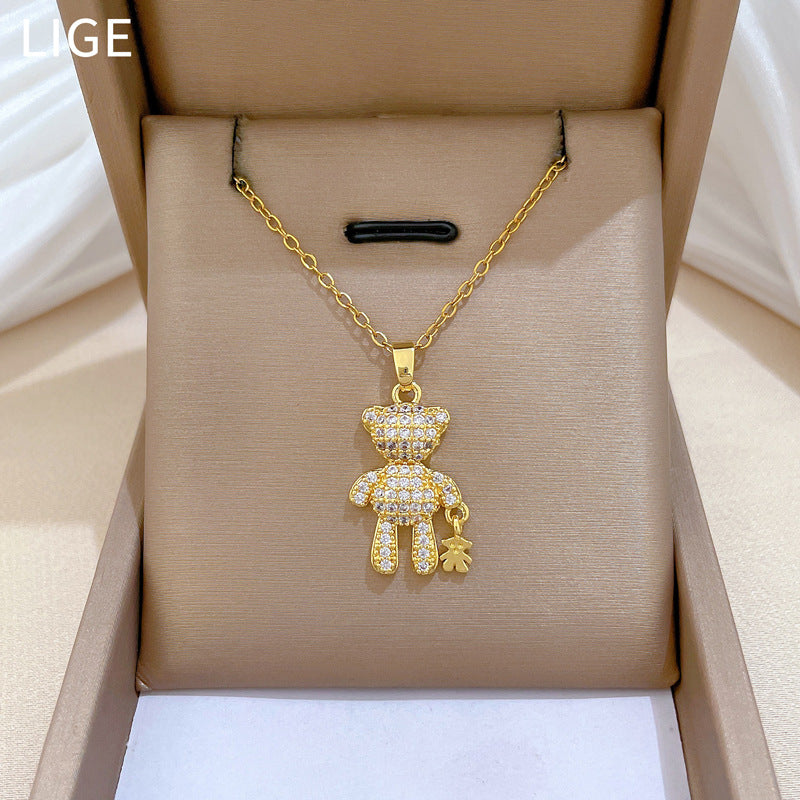 Sweet Cartoon Animal Moon Rhinestone Pendant Necklace Titanium Steel Chain for Unisex