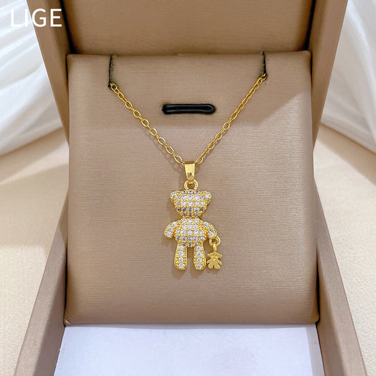 Sweet Cartoon Animal Moon Rhinestone Pendant Necklace Titanium Steel Chain for Unisex