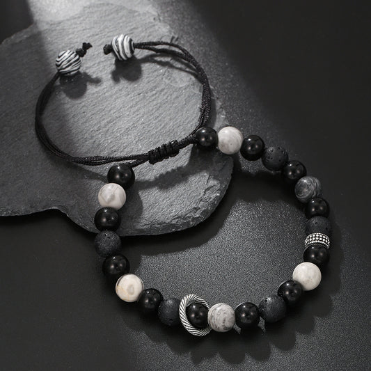 Adjustable Beaded Bracelet for Women with Natural Lava Stone Beads 8mm and 10mm in Geometric Shape, Copper-Plated with Zircon Inlay, Fashionable Office-Ready Design