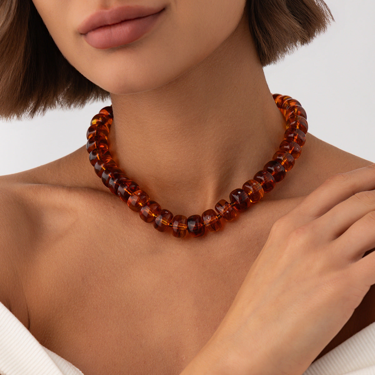 Sweet Geometric Gradient Resin Beaded Necklace Stainless Steel Chain Women's Jewelry