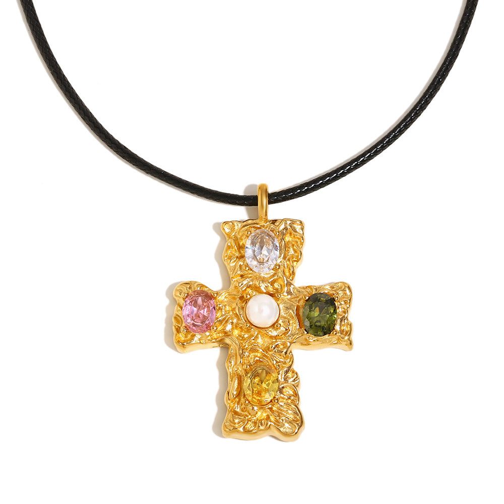 Fashionable Geometric Cross Pendant Necklace for Women Stainless Steel with 18K Gold Plating and Hammered Texture on Black Cord