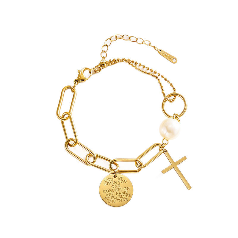 Vintage Minimalist 18K Gold Plated Stainless Steel Cross Pearl Paperclip Bracelet