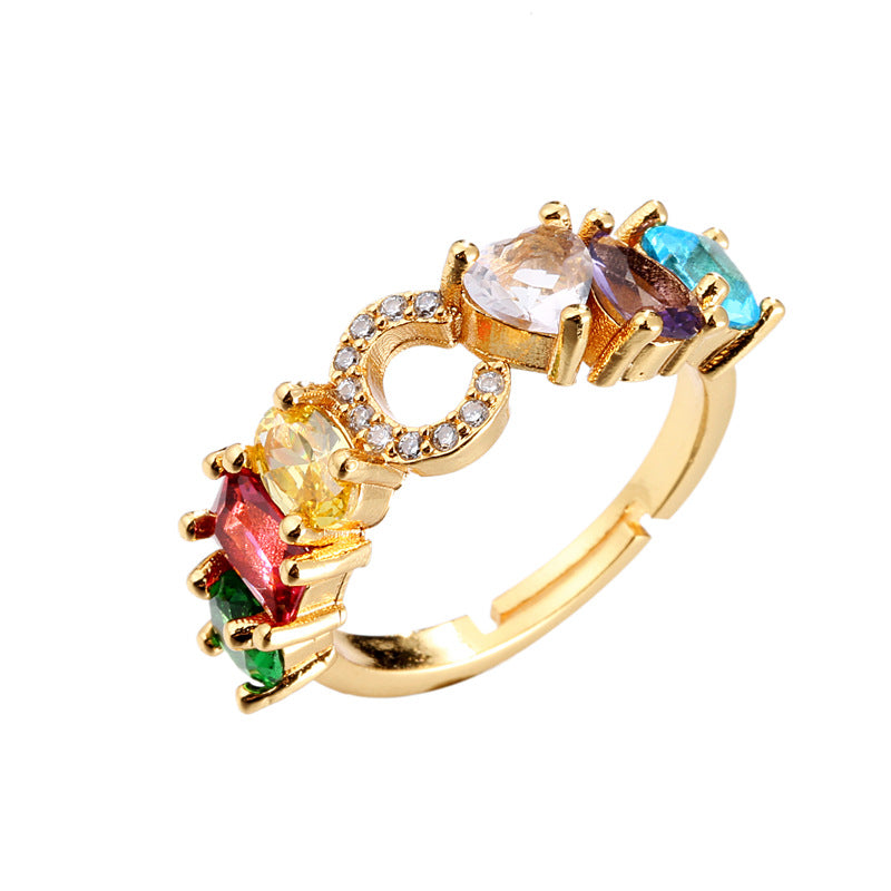 Hand-Set Cubic Zirconia Letter Open Ring Gold Plated Brass Adjustable Women