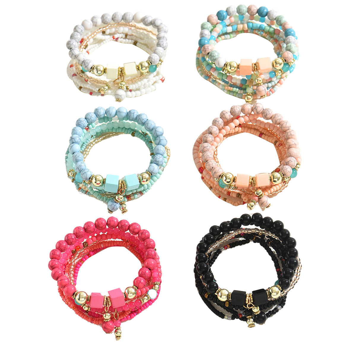 Pulsera de mujer estilo bohemio de múltiples capas con cuentas coloridas tejidas de acrílico en formas geométricas para uso casual a la moda