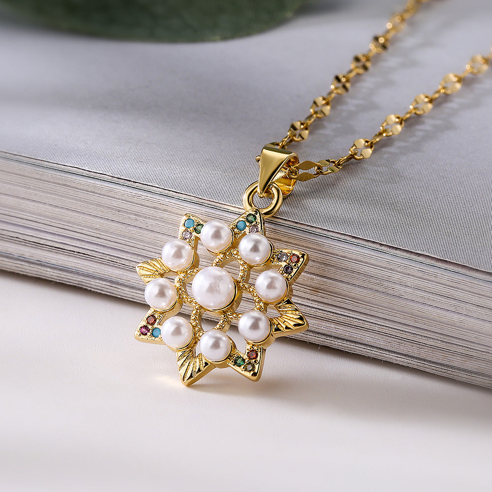 Minimalist Geometric Five-Pointed Star Pendant Necklace for Women with Zircon and Pearl Accents on Copper Chain