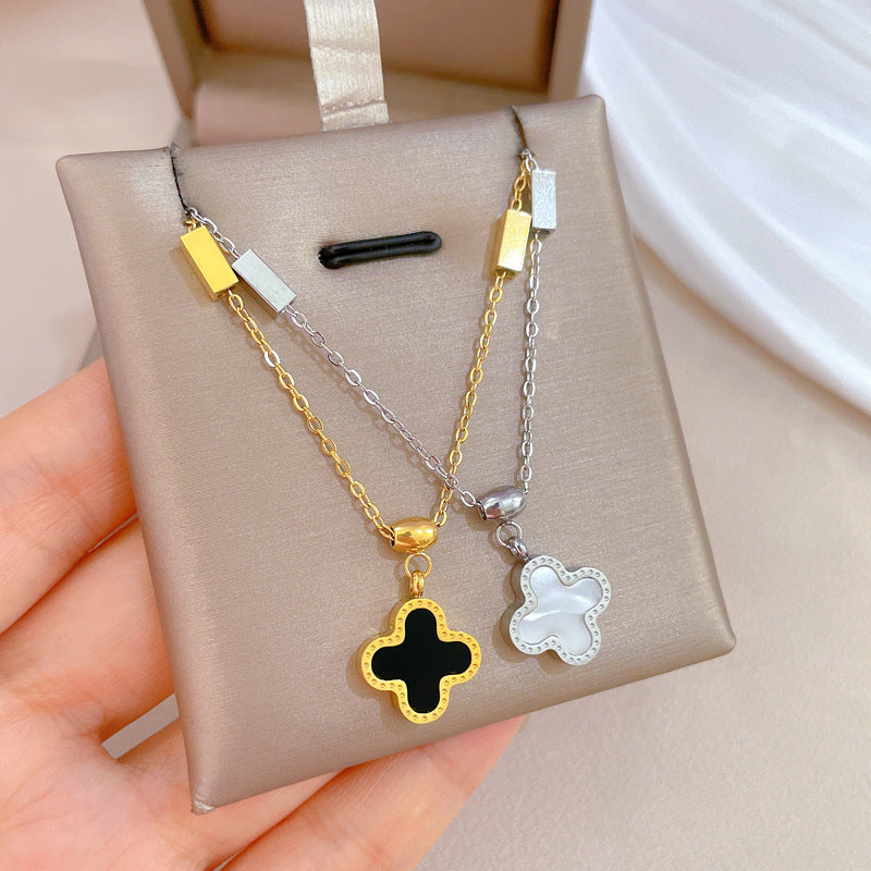 Minimalist Titanium Steel Shell and Four-Leaf Clover Pendant Necklace for Women Gold-Plated Clavicle Chain